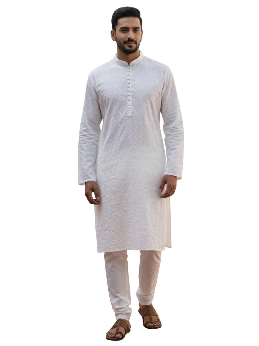 Men White Solid Chikankari Embroidered Mandarin Collar Cotton Kurta