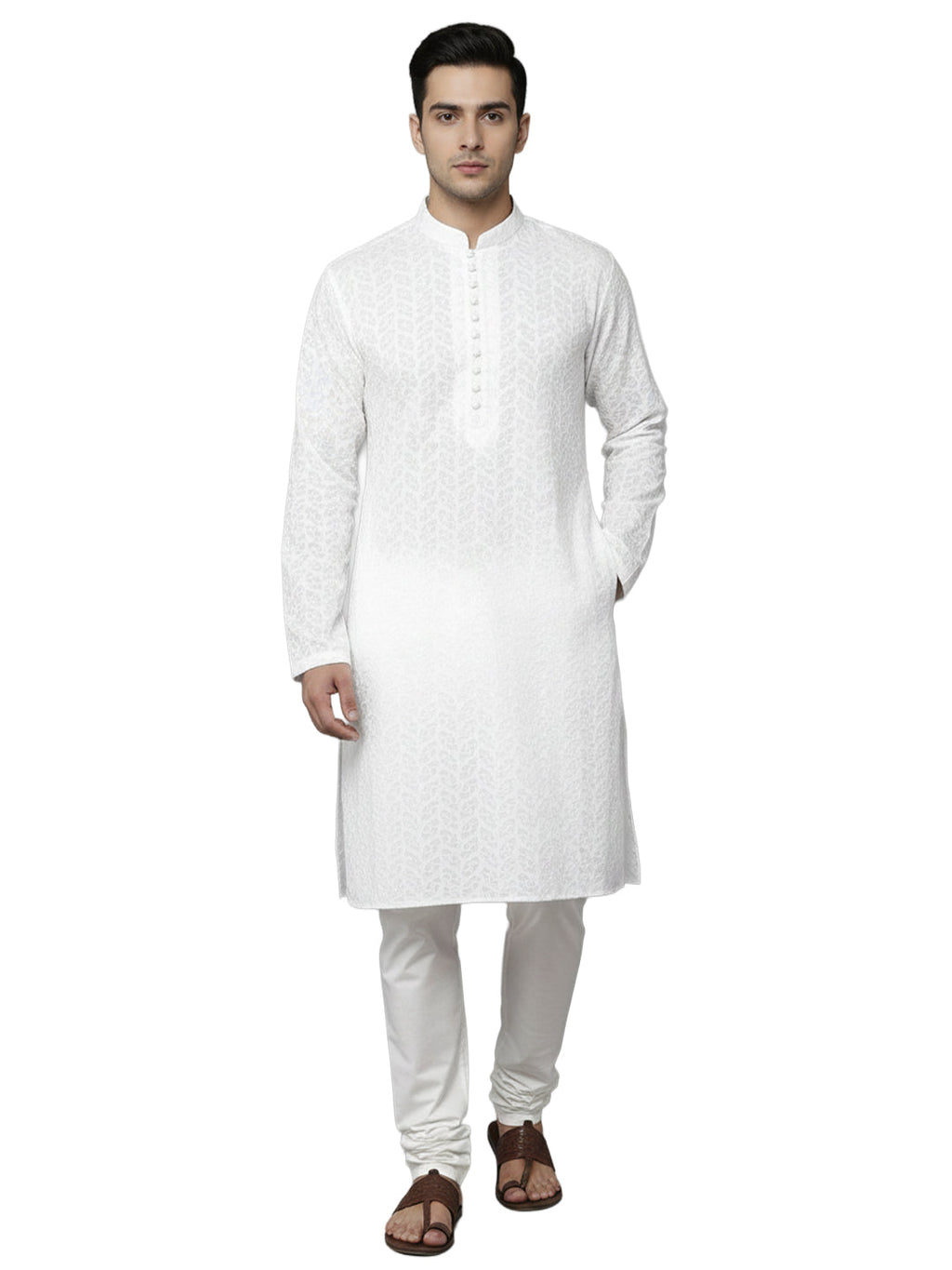 Men White Geometric Embroidered Chikankari Pure Cotton Kurta