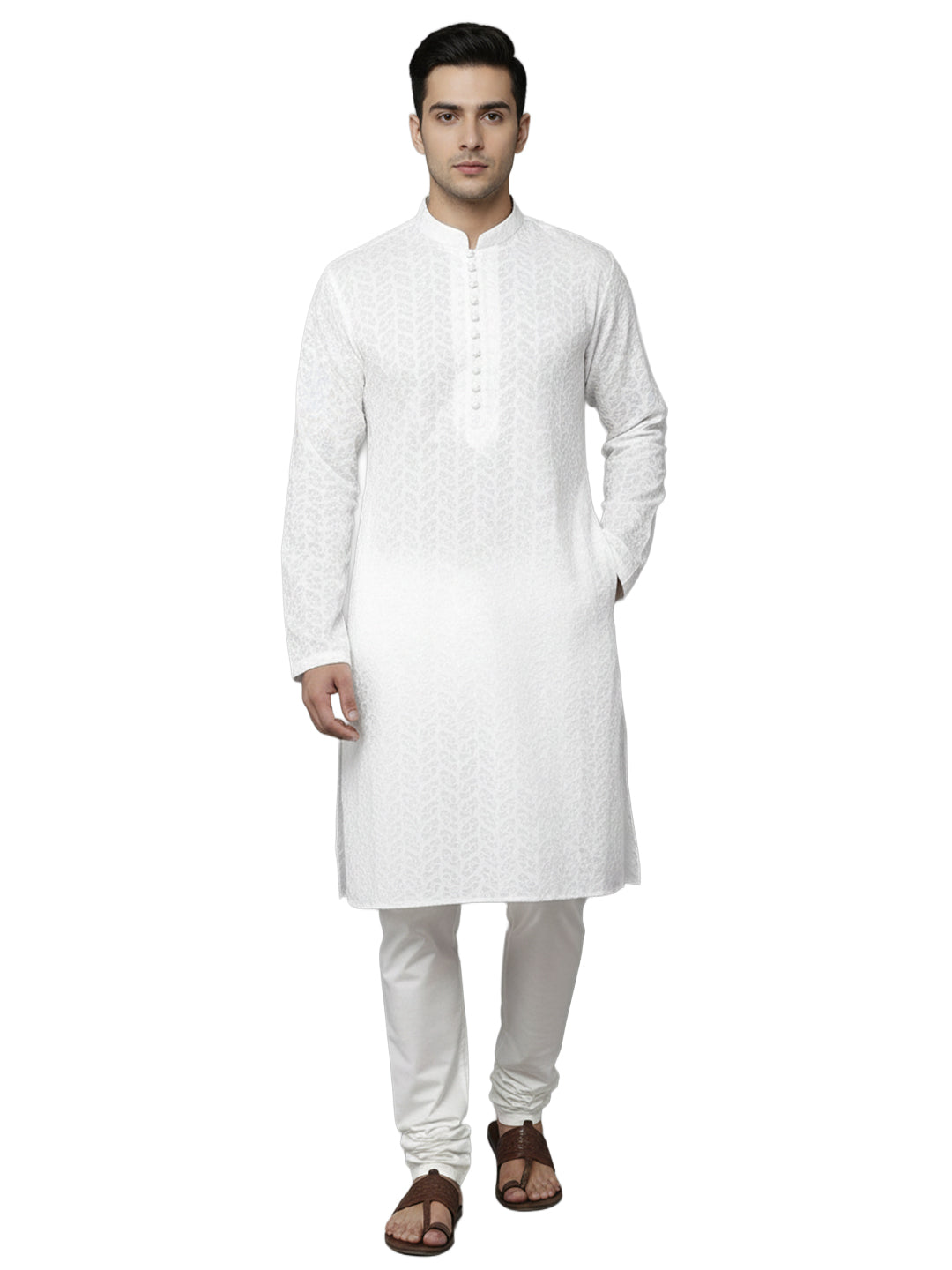 Men White Geometric Embroidered Chikankari Pure Cotton Kurta