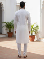 Men White Solid Chikankari Embroidered Mandarin Collar Cotton Kurta