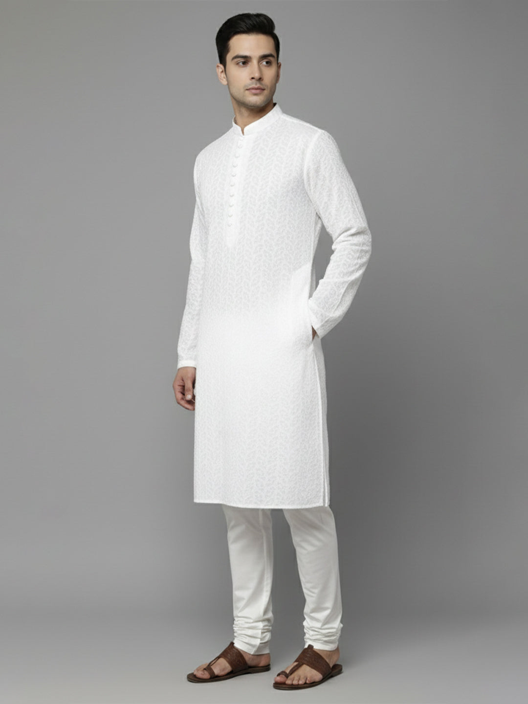 Men White Geometric Embroidered Chikankari Pure Cotton Kurta Secondary image
