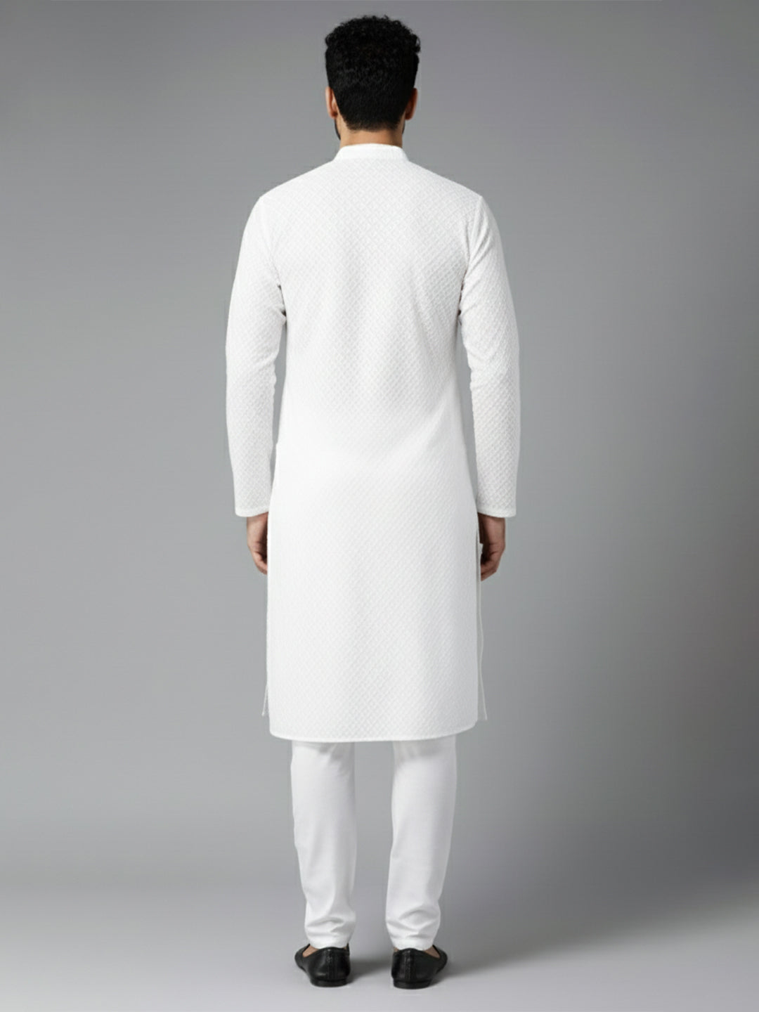 Men White Pure Cotton Chikankari Embroidered Straight Kurta