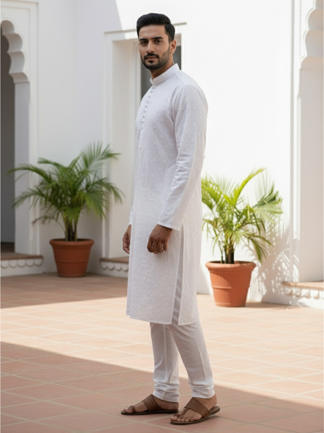 Men White Solid Chikankari Embroidered Mandarin Collar Cotton Kurta Secondary image