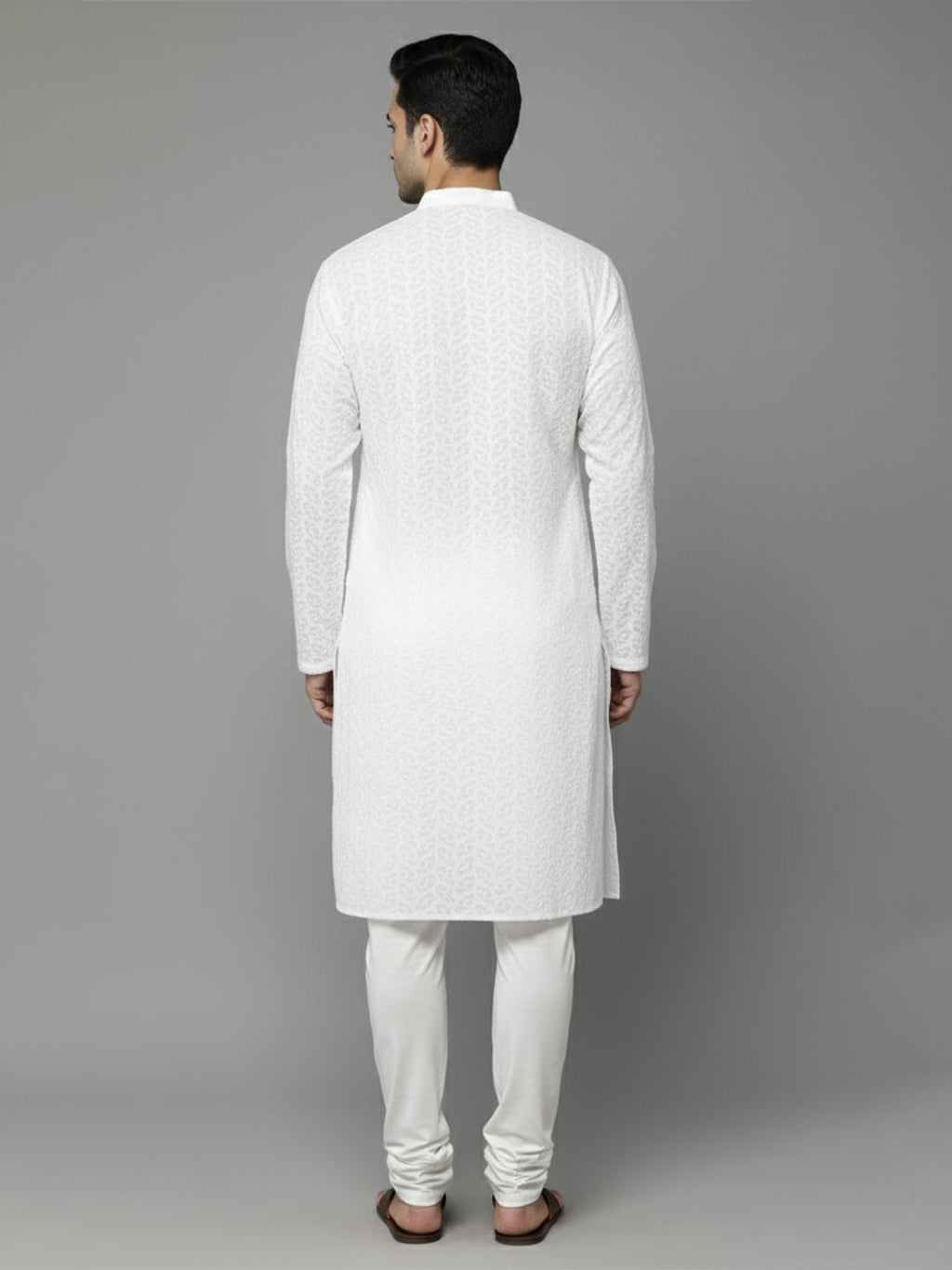 Men White Geometric Embroidered Chikankari Pure Cotton Kurta