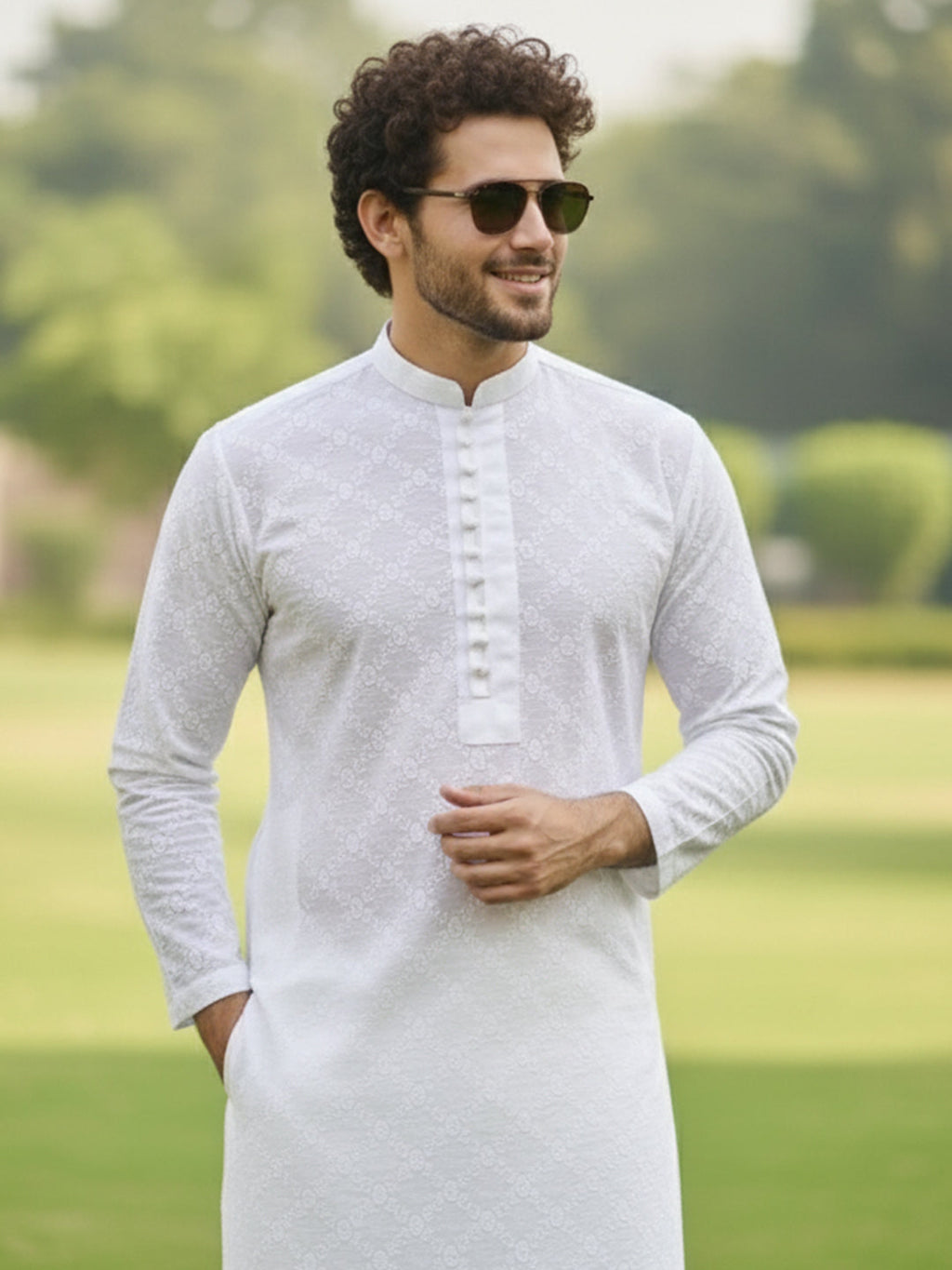 Men White Chikankari Embroidered Straight Kurta