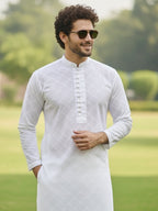 Men White Chikankari Embroidered Straight Kurta