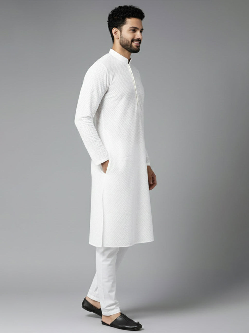 Men White Pure Cotton Chikankari Embroidered Straight Kurta