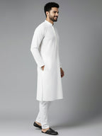 Men White Pure Cotton Chikankari Embroidered Straight Kurta