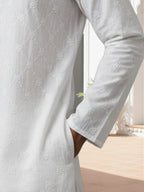 Men White Solid Chikankari Embroidered Mandarin Collar Cotton Kurta
