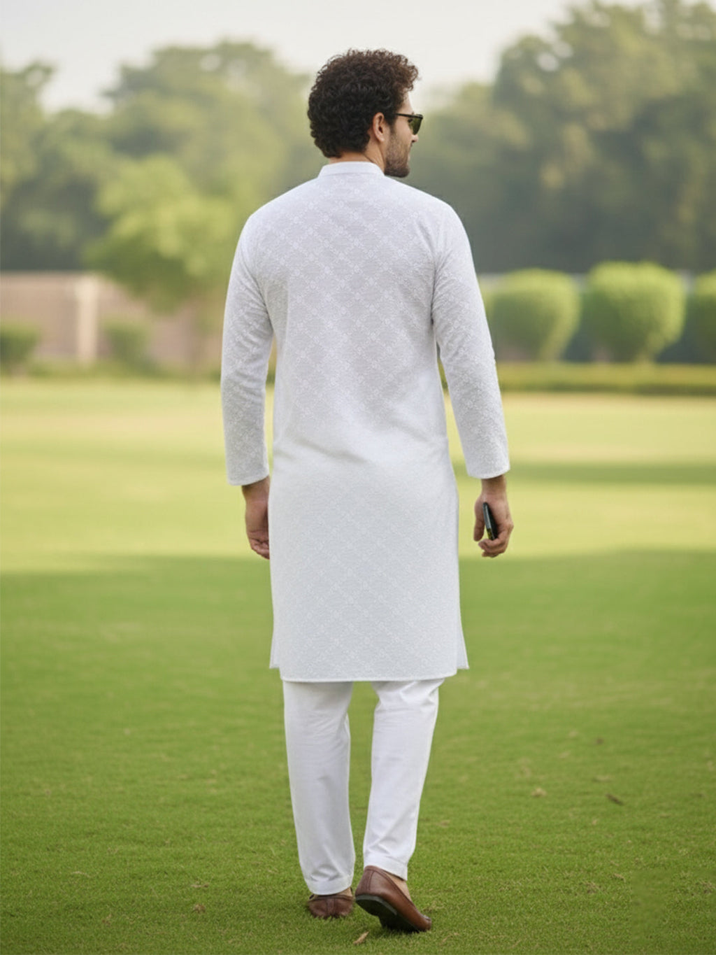 Men White Chikankari Embroidered Straight Kurta