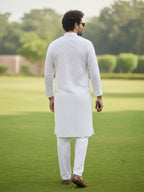 Men White Chikankari Embroidered Straight Kurta