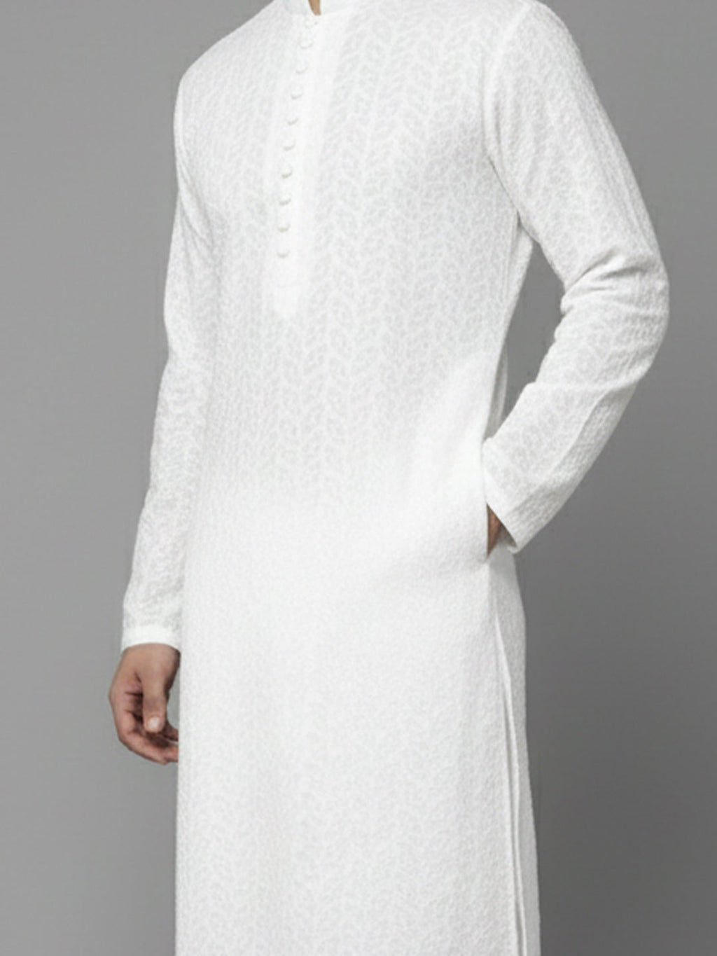 Men White Geometric Embroidered Chikankari Pure Cotton Kurta