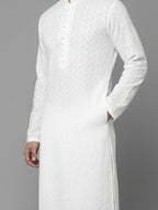 Men White Geometric Embroidered Chikankari Pure Cotton Kurta