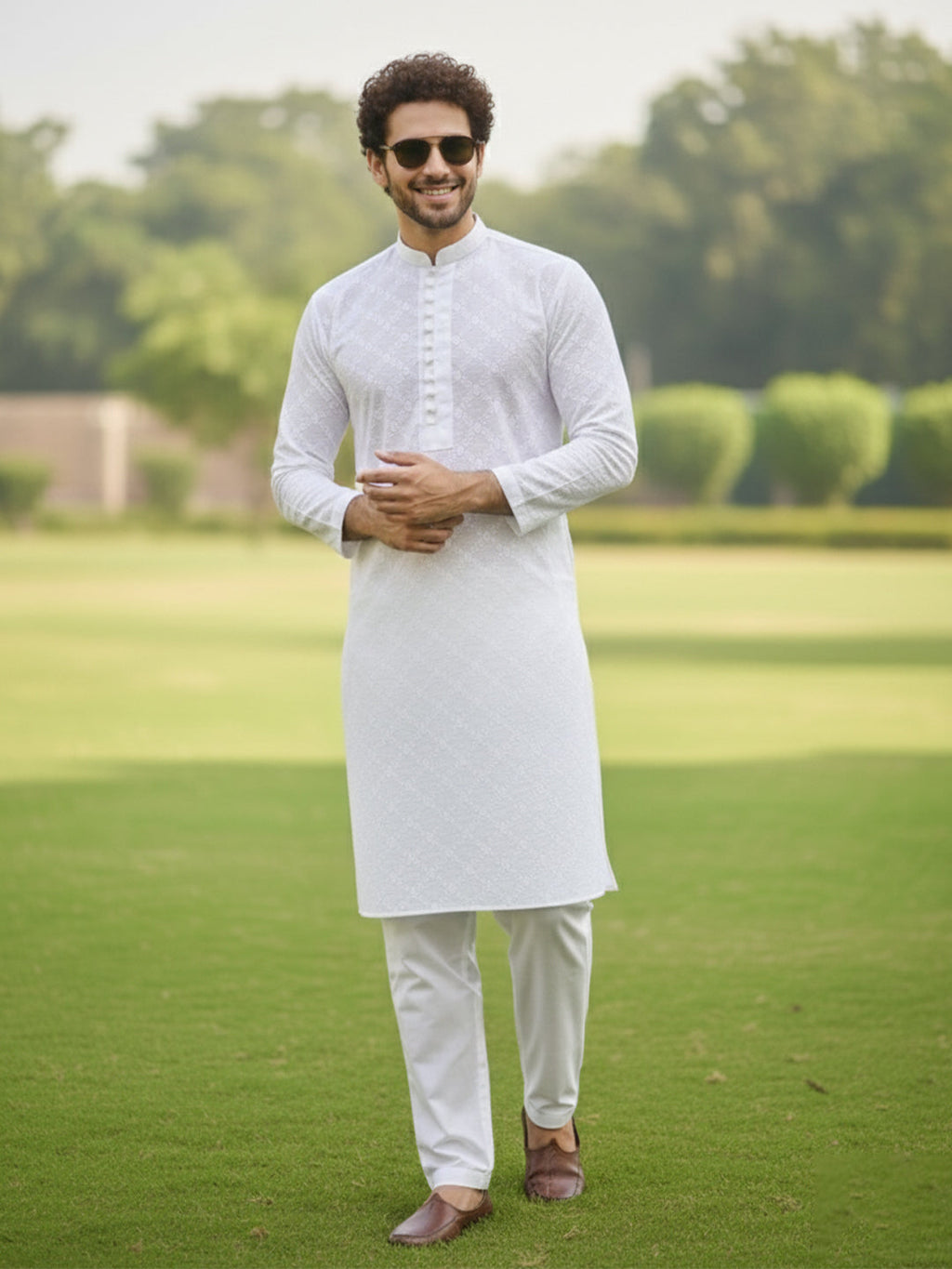 Men White Chikankari Embroidered Straight Kurta