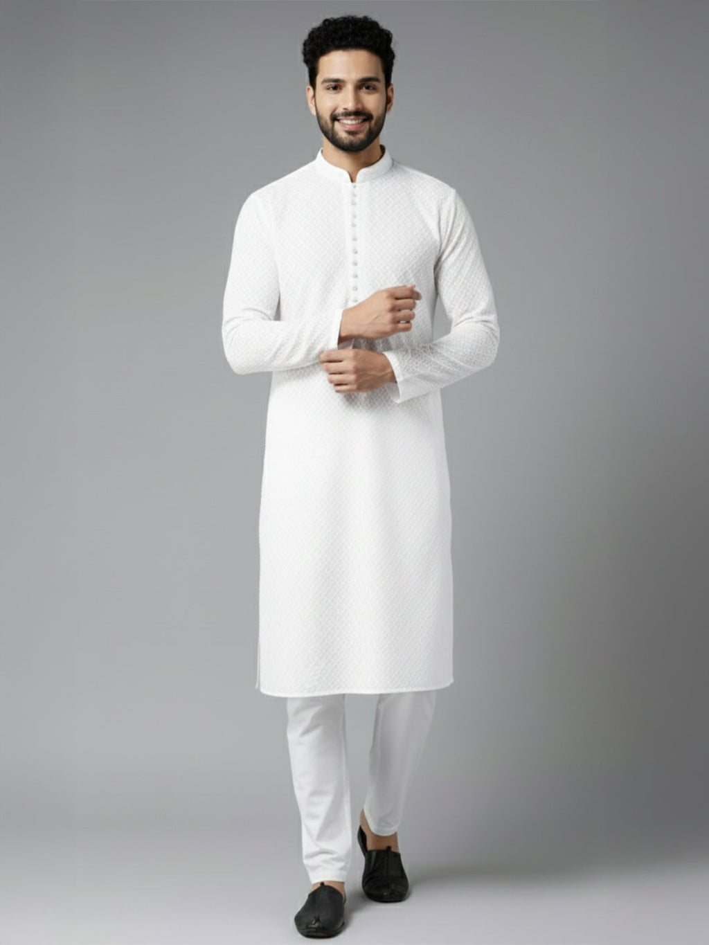 Men White Pure Cotton Chikankari Embroidered Straight Kurta
