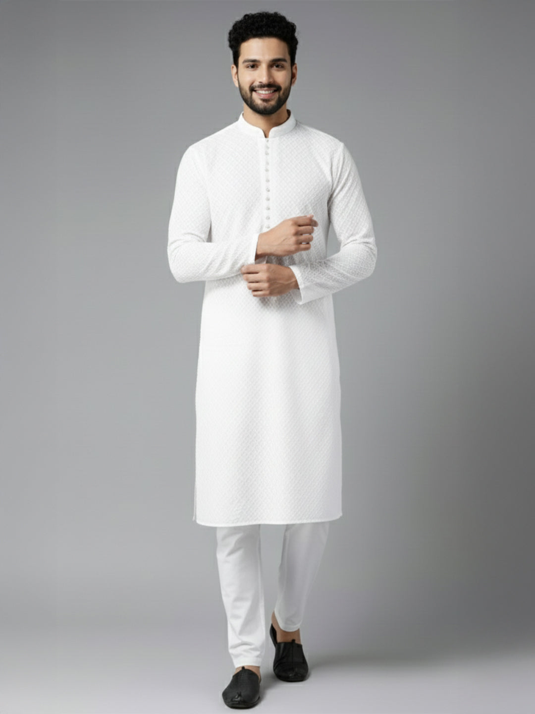 Men White Pure Cotton Chikankari Embroidered Straight Kurta