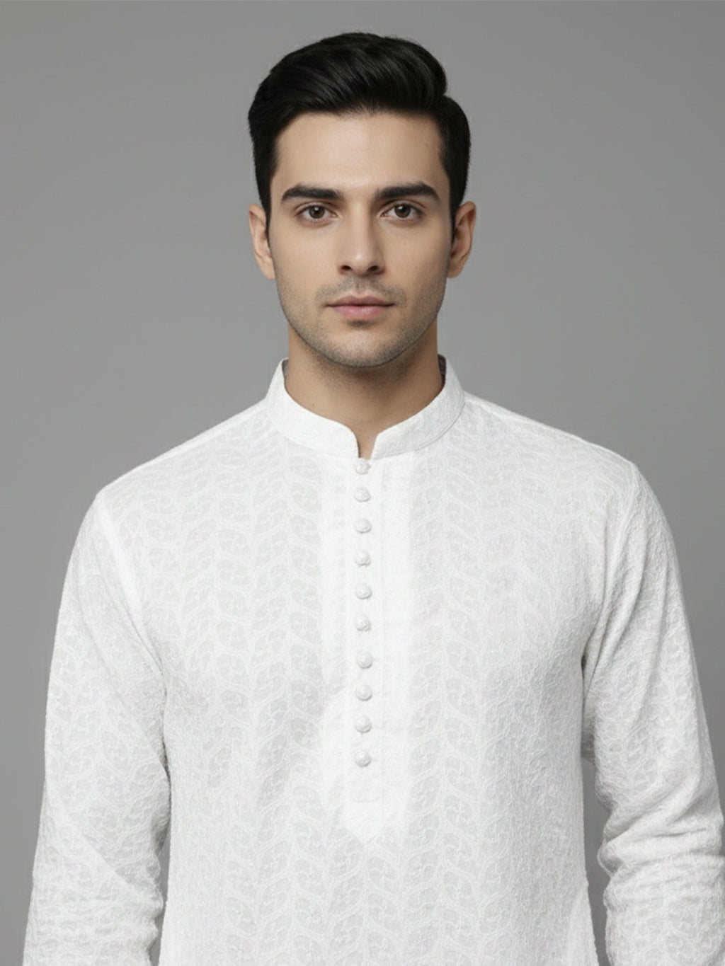 Men White Geometric Embroidered Chikankari Pure Cotton Kurta