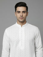 Men White Geometric Embroidered Chikankari Pure Cotton Kurta