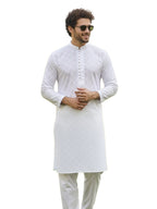Men White Chikankari Embroidered Straight Kurta